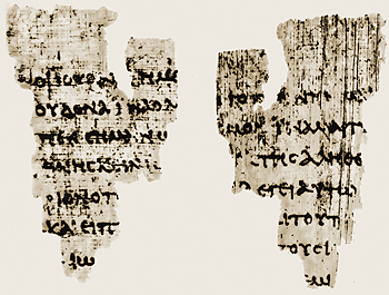 Папирус P 52. Фрагменты текста Евангелия от Иоанна. Ок. 125 г. (Б-ка ун-та в Манчестере).
