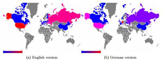 Сравнение тепловых карт в английской (слева) и немецкой (справа) версиях статьи о присоединении Крыма к России в 2014 году. Сервис Wikiwhere