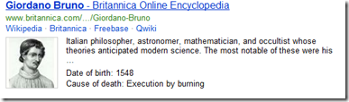 Блок из «Британники» (Britannica) в результатах запроса «Джордано Бруно» (Giordano Bruno) через Microsoft Bing