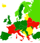 Свобода панорамы в Европе: зелёный — да, включая произведения искусства; салатовый — да, только здания; жёлтый — да, для некоммерческого использования; красный — нет.