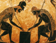 Ахилл и Аякс, увлеченные игрой в кости. Рисунок на вазе. VI в. до н. э. Эксекий