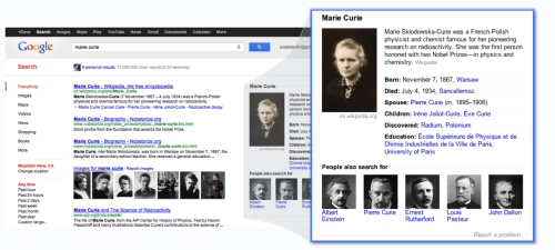 Отображение результатов запроса «Marie Curie» (Мария Кюри) в Google Search