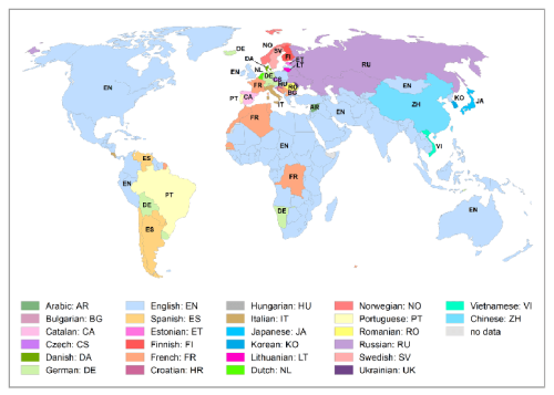 Доминирующие языки статей Википедии (по странам)