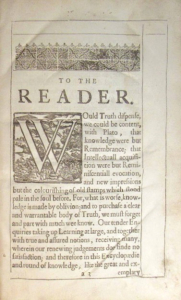 Первая страница предисловия к читателю. «Эпидемическая псевдодоксия...» (Pseudodoxia Epidemica...) Томаса Брауна (Thomas Browne). 1646