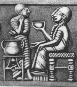 Пример употребления алкоголя ханаанской элитой. Изображение на изделии из слоновой кости из Мегиддо. Фрагмент (XIII-XII вв. до н. э.)
