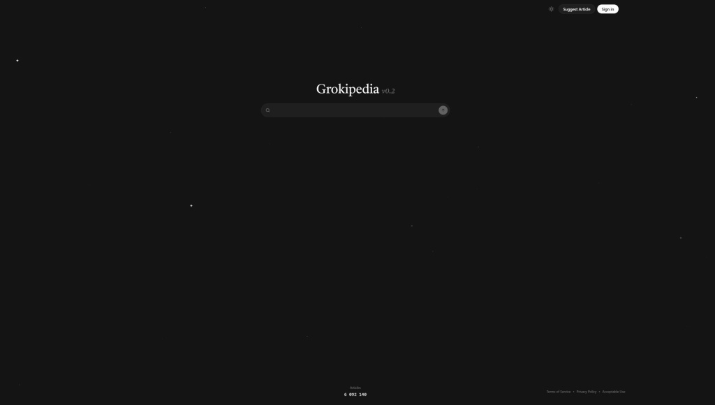 Главная страница Grokipedia, v 0.2, тёмная тема (10 августа 2026 года)