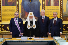 Слева направо: Сергей Кравец, патриарх Кирилл, Сергей Собянин и Вячеслав Володин на 34-м заседании советов по изданию «Православной энциклопедии» (31 марта 2026 года). Фото: пресс-служба Патриарха Московского и всея Руси