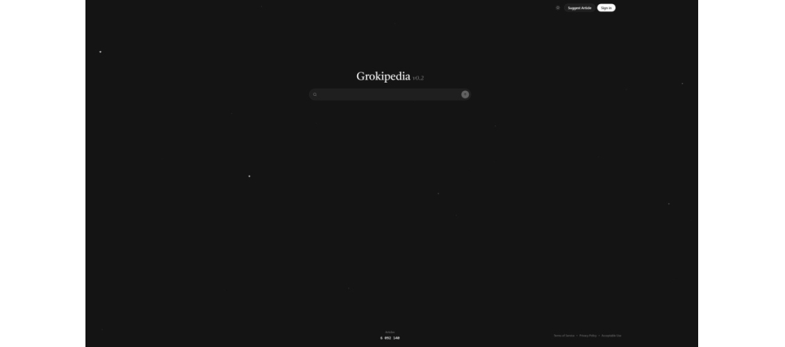 Главная страница Grokipedia, v 0.2, тёмная тема (10 августа 2026 года)
