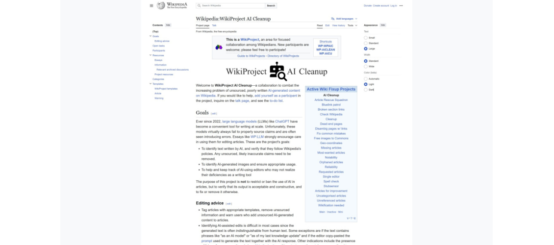 Главная страница проекта английской Википедии AI Cleanup (15 октября 2024 года) Главная страница проекта английской Википедии AI Cleanup (15 октября 2024 года)