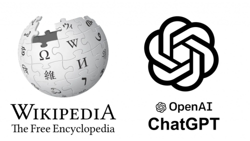 Логотипы английской Википедии (Wikipedia) и ChatGPT от OpenAI. Коллаж